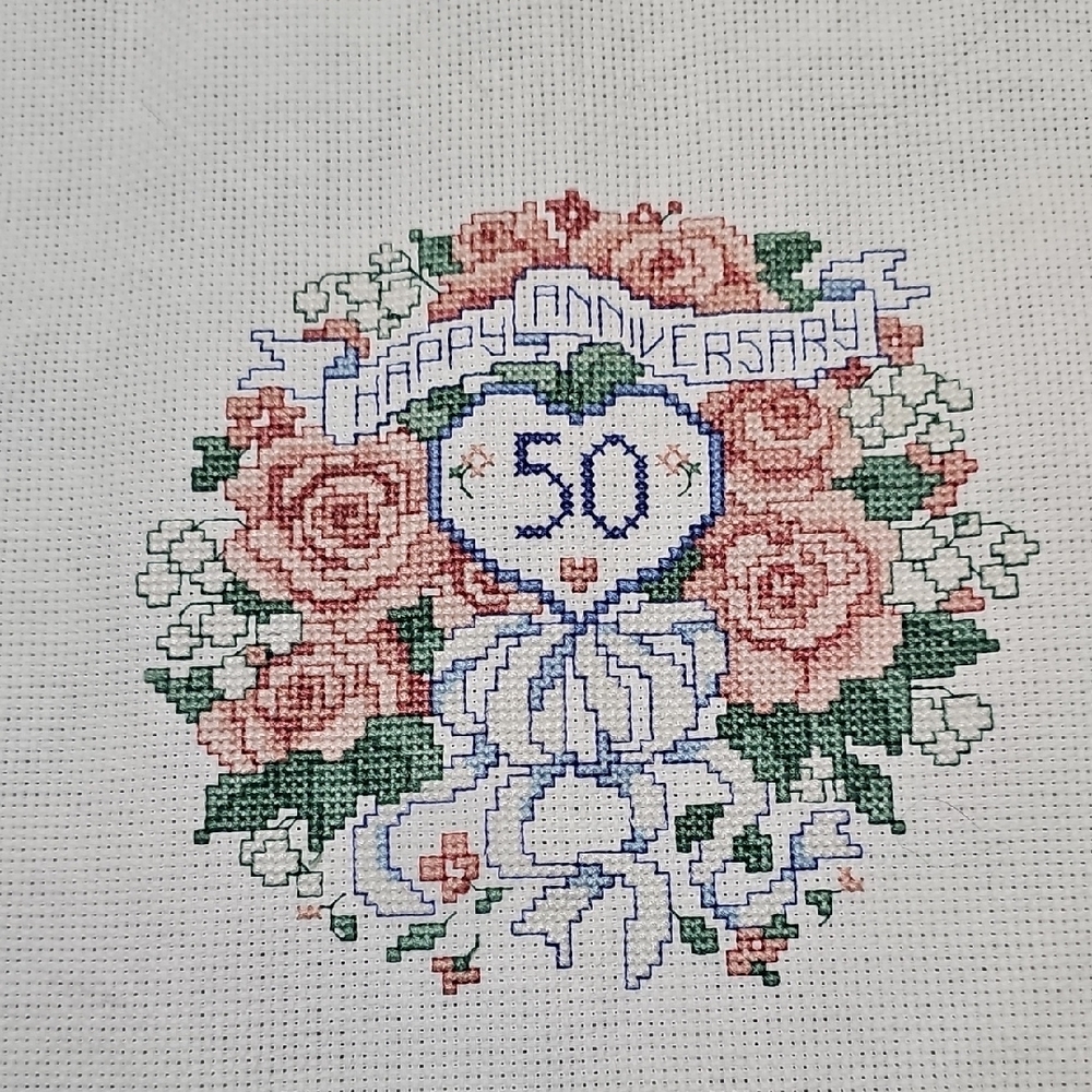 Floral 50th Anniversary Cross Stitch Art